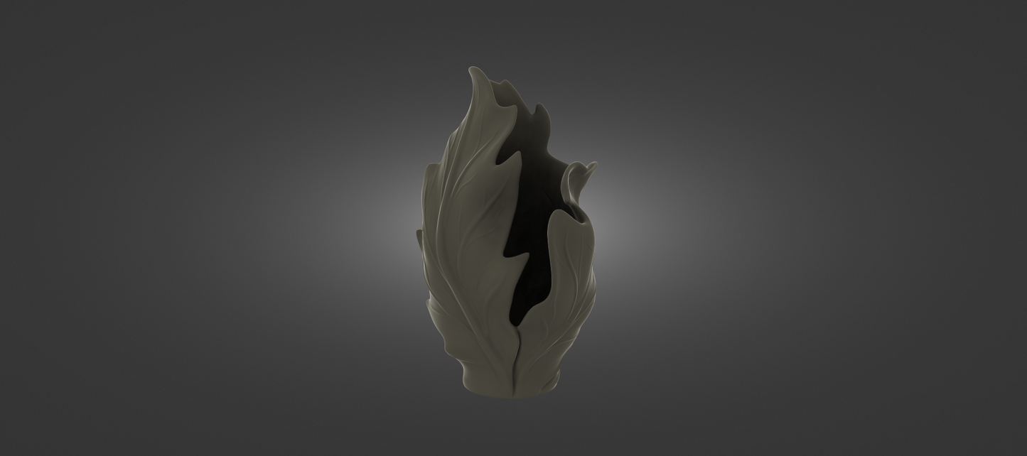 A 3D rendering of a stylized, abstract flower-like object with a dark, shadowy appearance against a dark background.