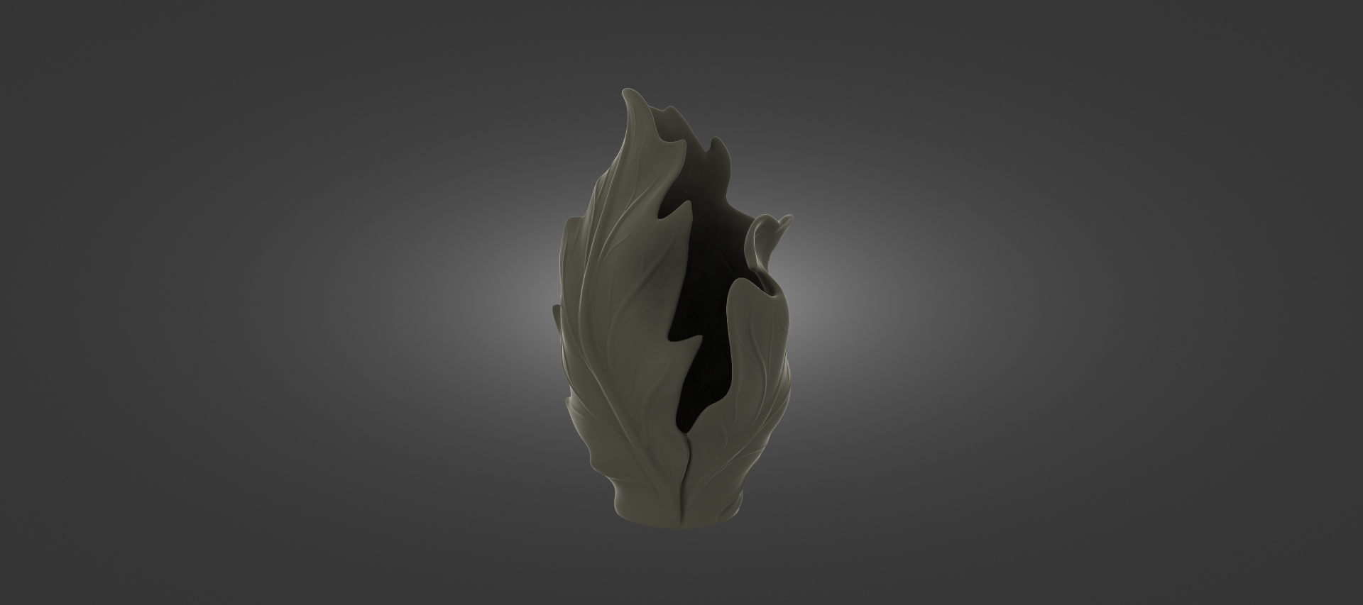 A 3D rendering of a stylized, abstract flower-like object with a dark, shadowy appearance against a dark background.