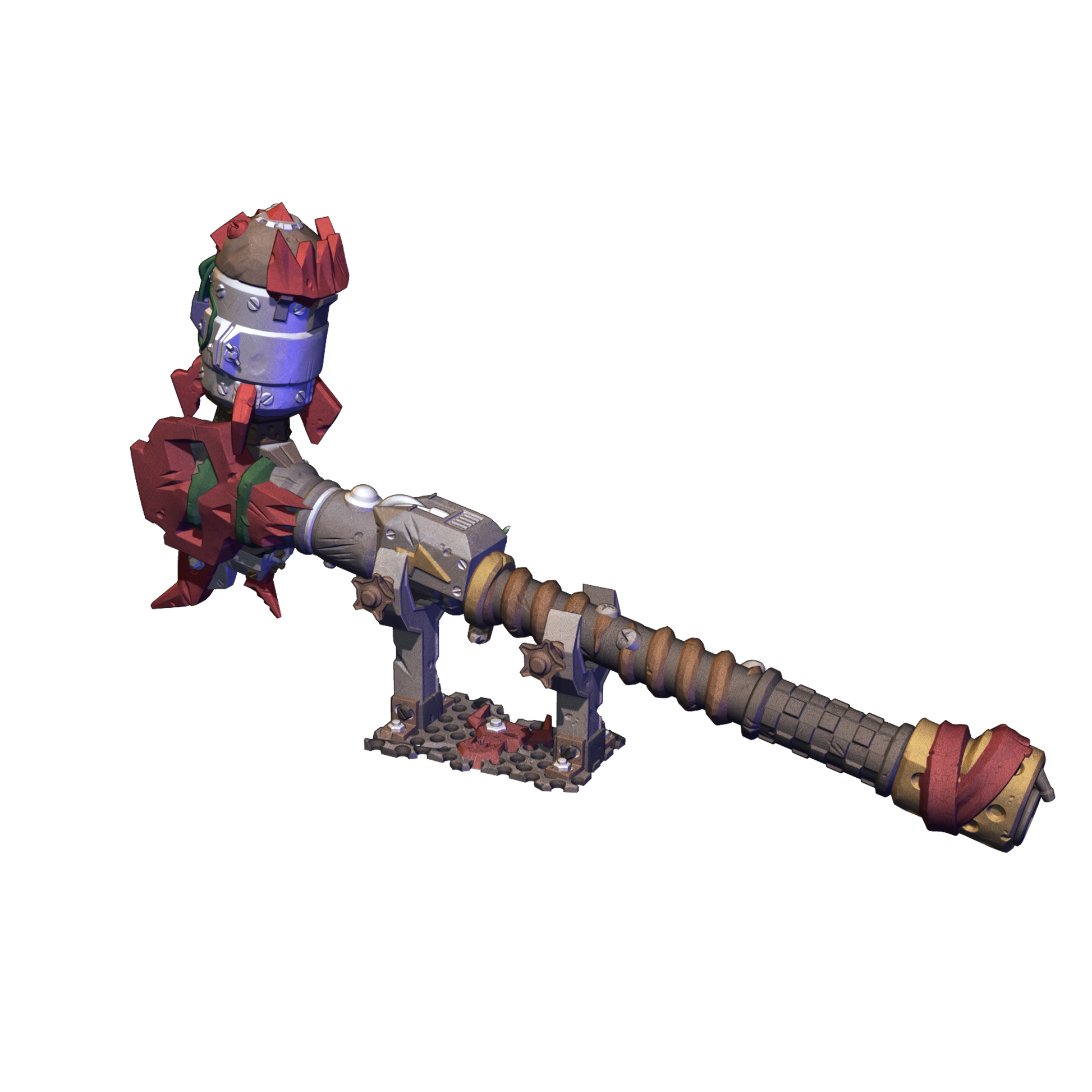 A 3D rendering of a futuristic weapon with a long, curved barrel and various mechanical components.