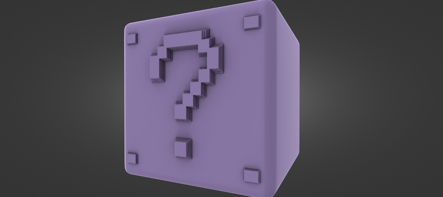 A purple cube-shaped object with a question mark symbol on it.