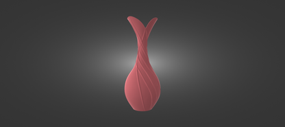 A pink, abstract vase-like object with a unique, organic shape stands out against a dark background.