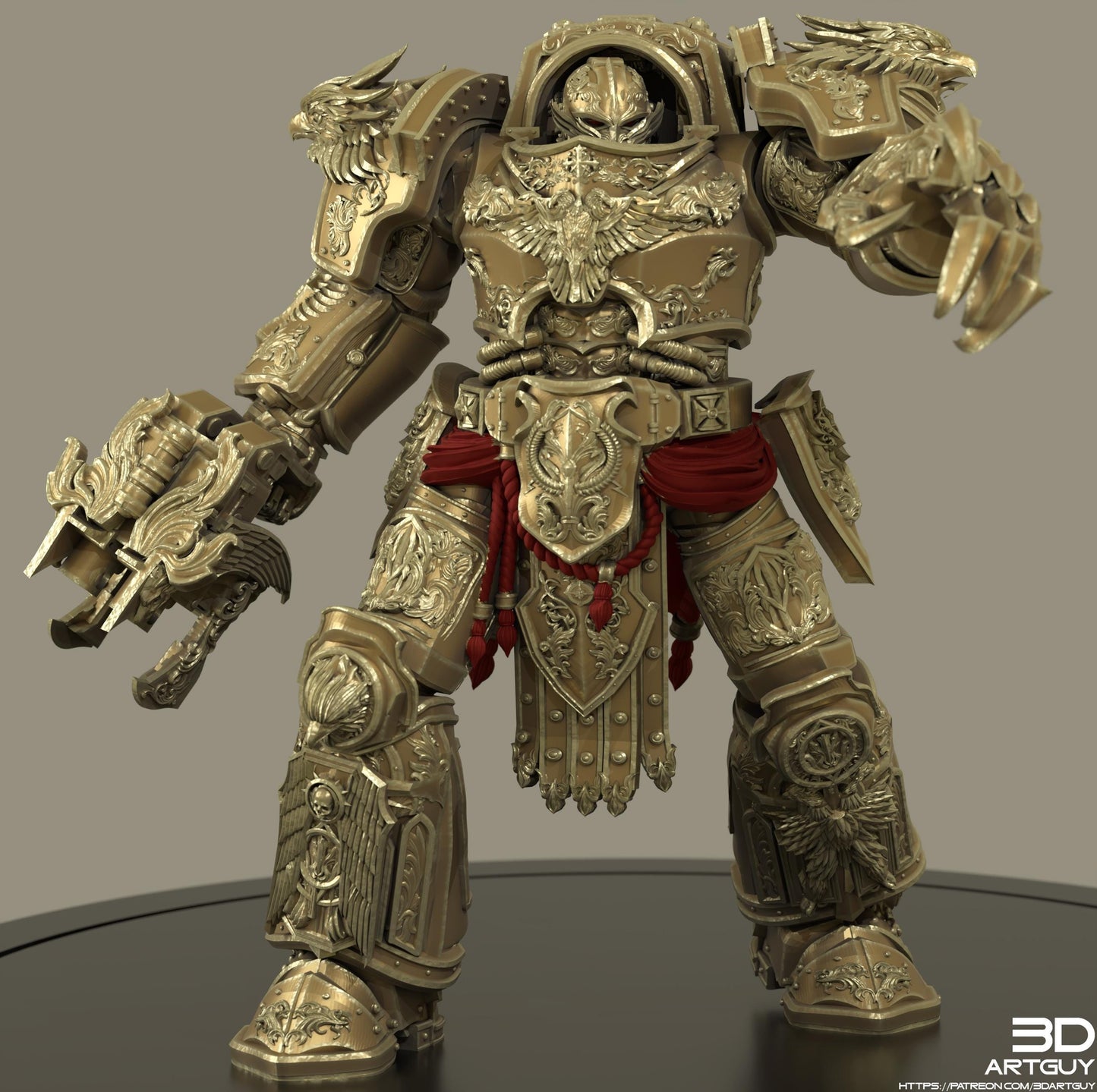 A highly detailed and ornate golden armor suit of a futuristic warrior, featuring intricate designs and patterns.
