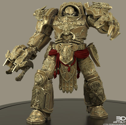 A highly detailed and ornate golden armor suit of a futuristic warrior, featuring intricate designs and patterns.