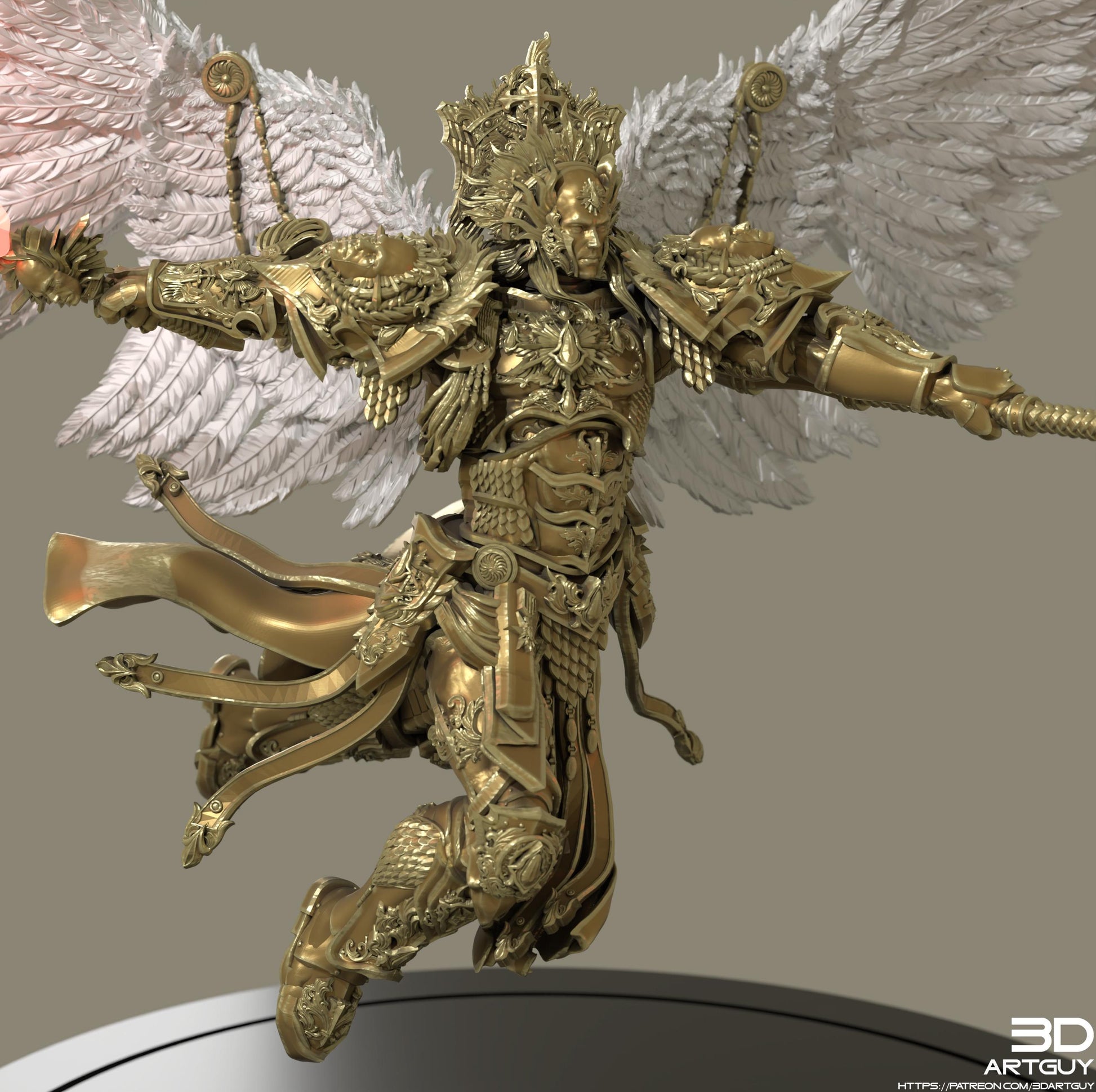A detailed 3D rendering of a golden armored figure with wings, standing on a platform.