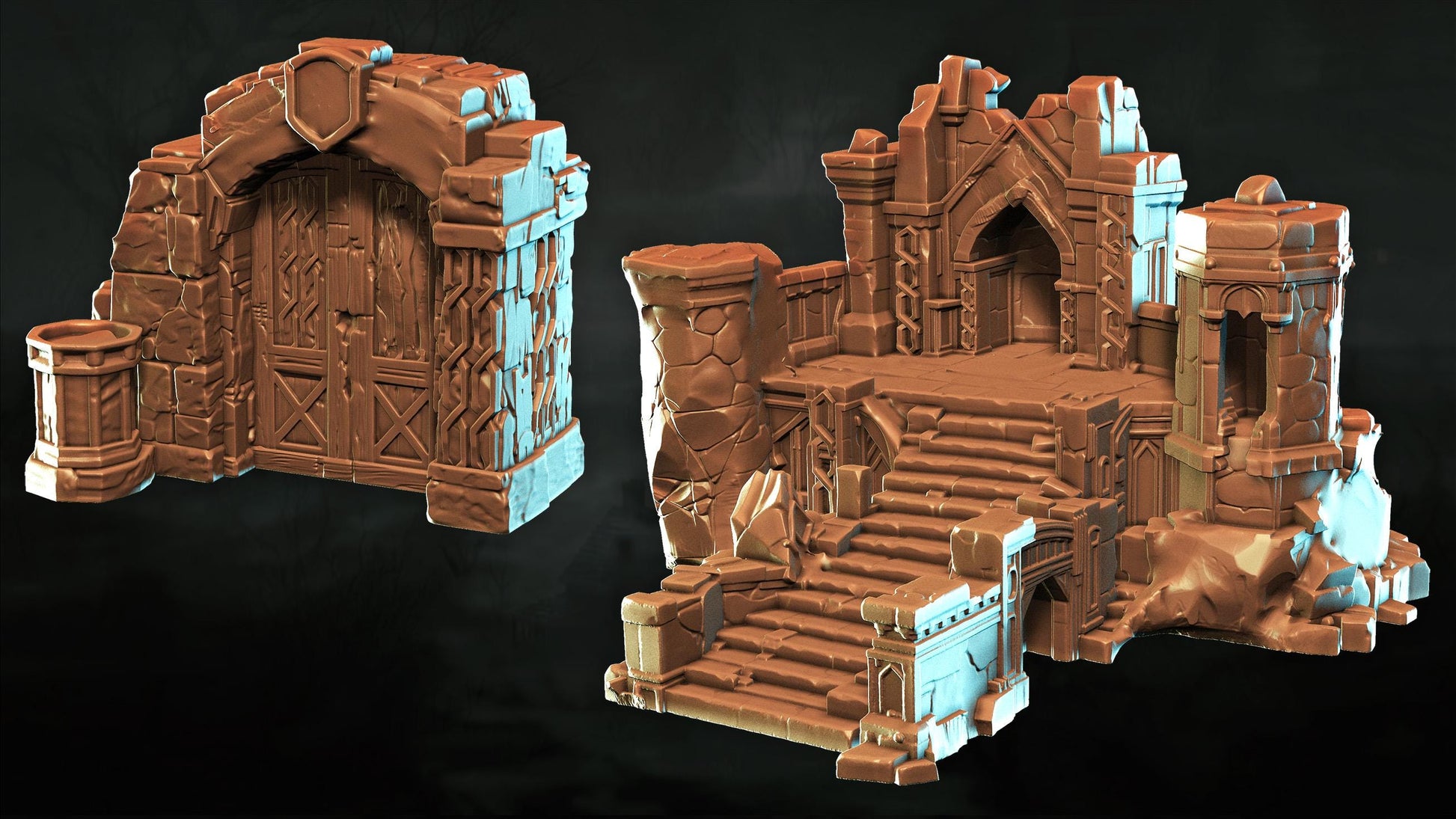 two 3D models of architectural structures, including a castle-like building and a stone archway.