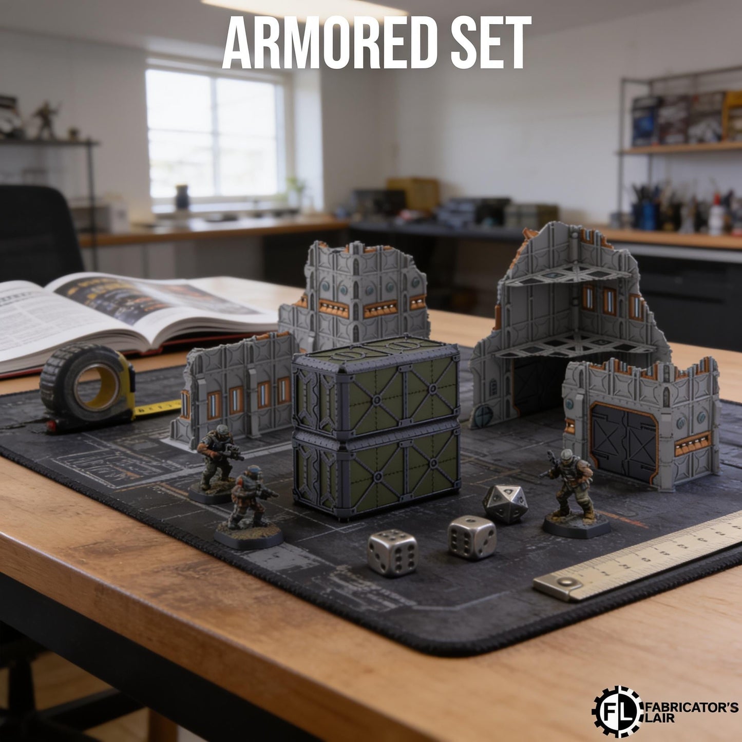a tabletop with a tabletop role-playing game set, including miniature figures, a miniature city, and various game pieces.
