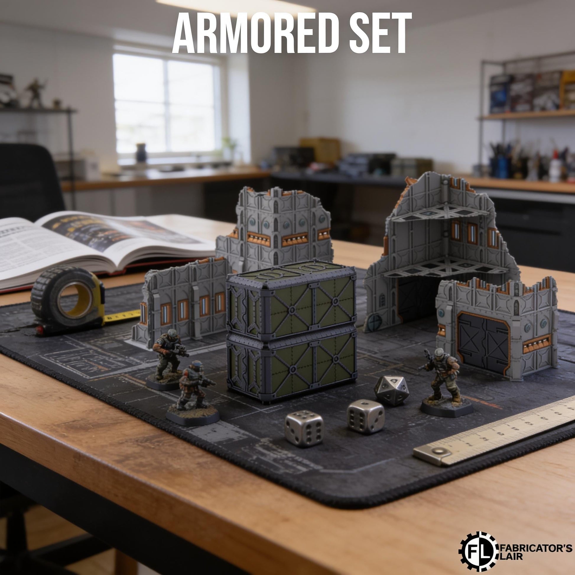 a tabletop with a tabletop role-playing game set, including miniature figures, a miniature city, and various game pieces.