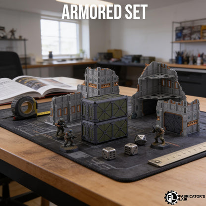 a tabletop with a tabletop role-playing game set, including miniature figures, a miniature city, and various game pieces.