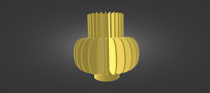A 3D rendering of a golden, cylindrical object with a textured, ribbed surface.