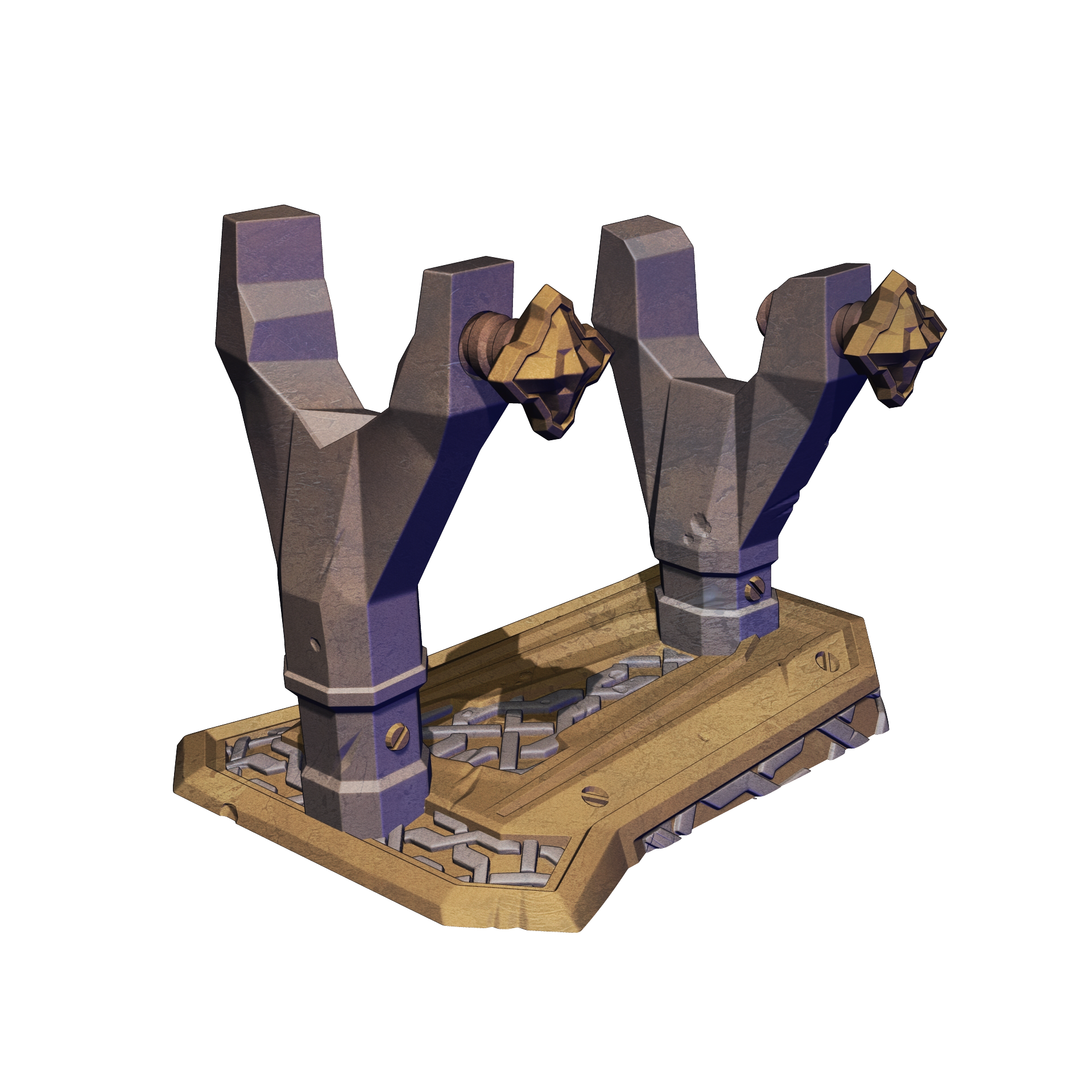 A 3D rendering of a slingshot with two triangular heads and a wooden base.