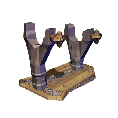 A 3D rendering of a slingshot with two triangular heads and a wooden base.