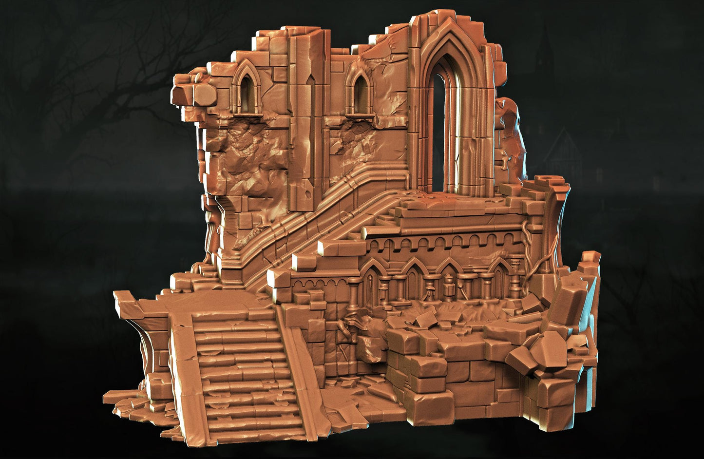 a detailed 3D rendering of a castle ruins, featuring intricate architectural elements such as arches, columns, and staircases.