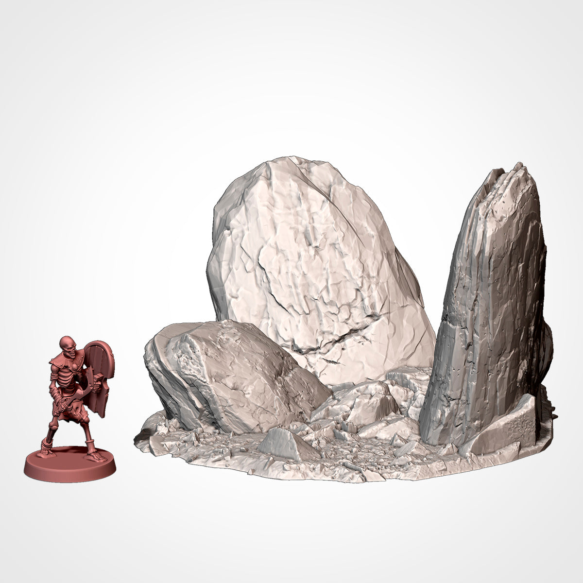 A 3D model of a rocky landscape with a small figurine of a warrior standing next to it.