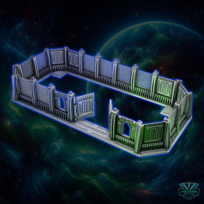 The image is a 3D rendering of a futuristic, metallic structure with a grid-like pattern, set against a backdrop of a planet and a starry sky.