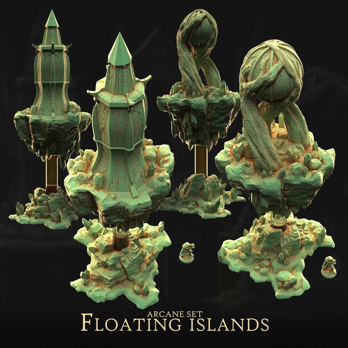 The image is a 3D rendering of a set of floating islands, featuring various fantastical structures and elements.