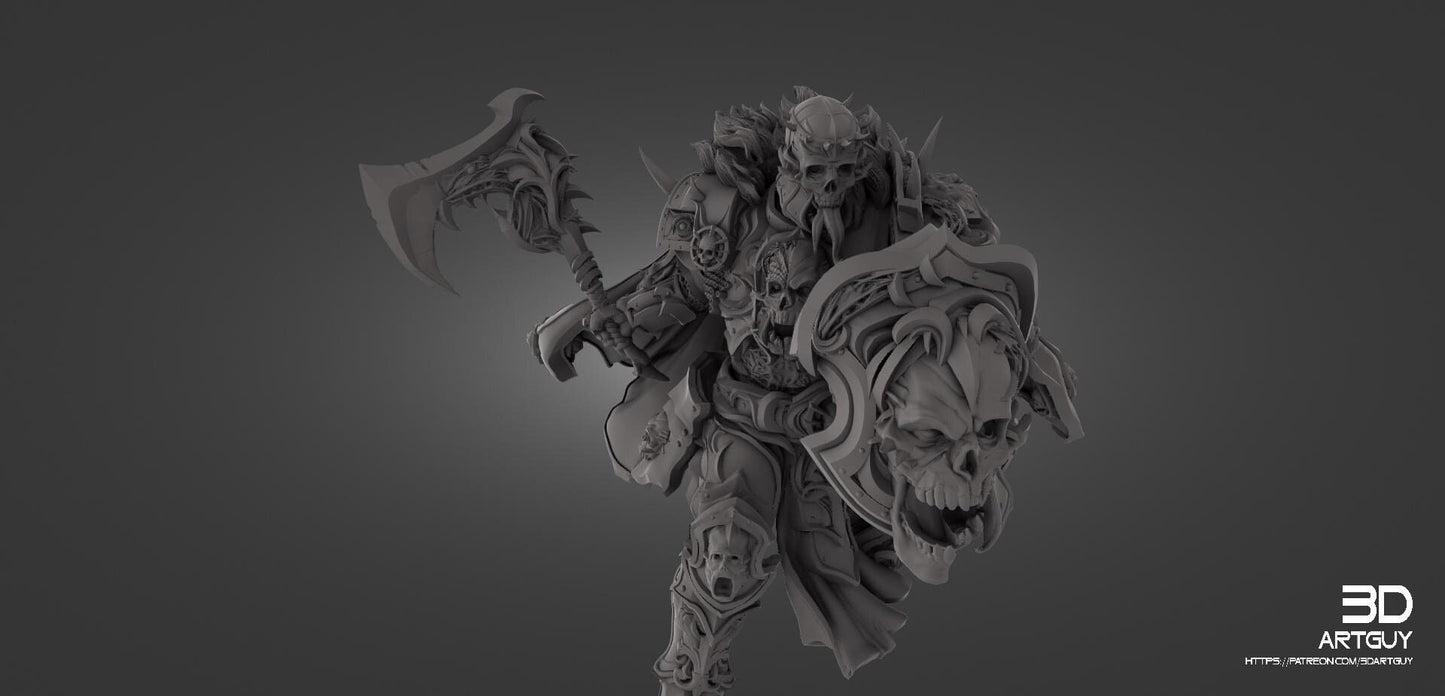 A 35mm grimdark Chaos Knight miniature with a detached base. It features a dynamic pose, detailed baroque armor, a cape adorned with skulls, a spiked battle axe, and a grotesque shield. Perfect for tabletop gaming or display.