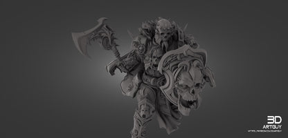 A 35mm grimdark Chaos Knight miniature with a detached base. It features a dynamic pose, detailed baroque armor, a cape adorned with skulls, a spiked battle axe, and a grotesque shield. Perfect for tabletop gaming or display.
