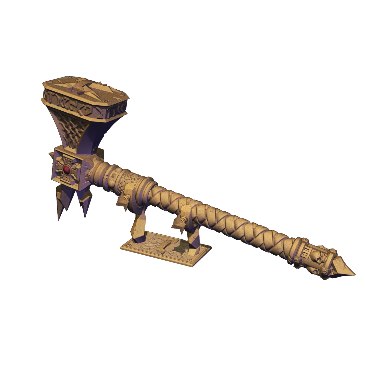 A 3D rendering of a large, ornate weapon with a curved blade and a pointed end, displayed on a stand.