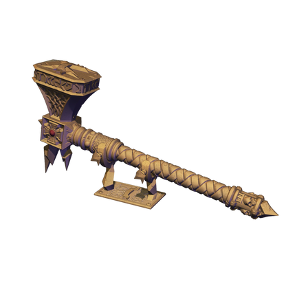 A 3D rendering of a large, ornate weapon with a curved blade and a pointed end, displayed on a stand.