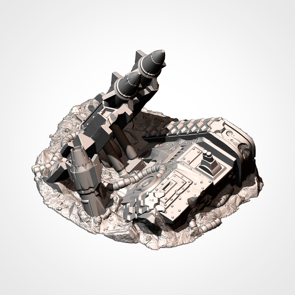 A 3D rendering of a futuristic, metallic structure with various components and shapes, including what appears to be a rocket or missile.