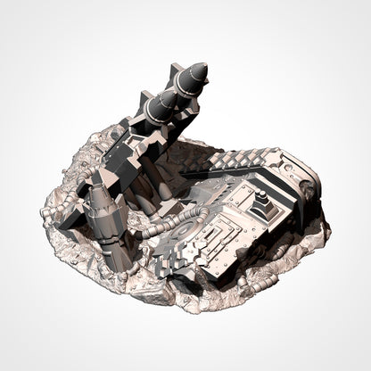A 3D rendering of a futuristic, metallic structure with various components and shapes, including what appears to be a rocket or missile.