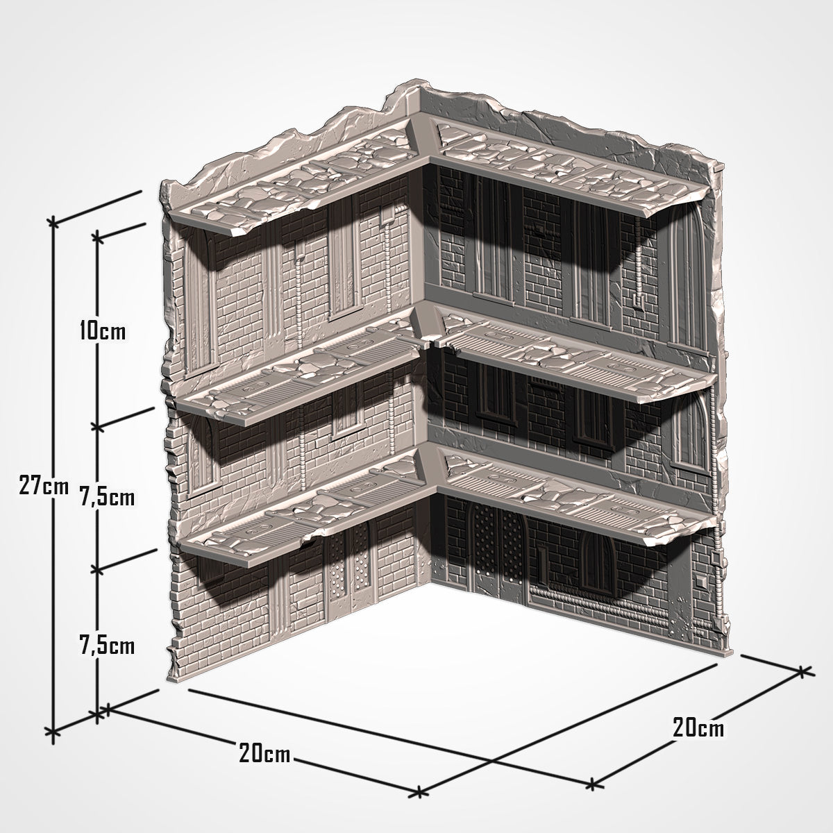 A 3D rendering of a building or structure with multiple levels, as indicated by the scale provided.