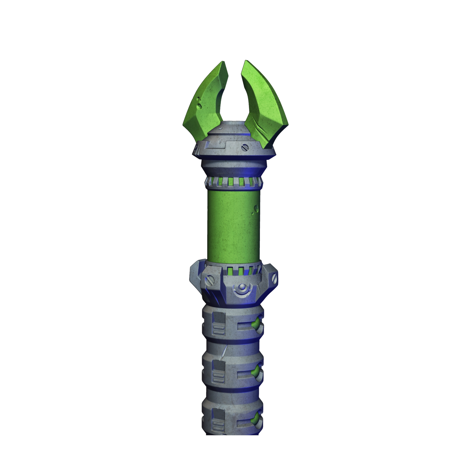 A 3D rendering of a green and gray mechanical device with a pointed top and a cylindrical body.