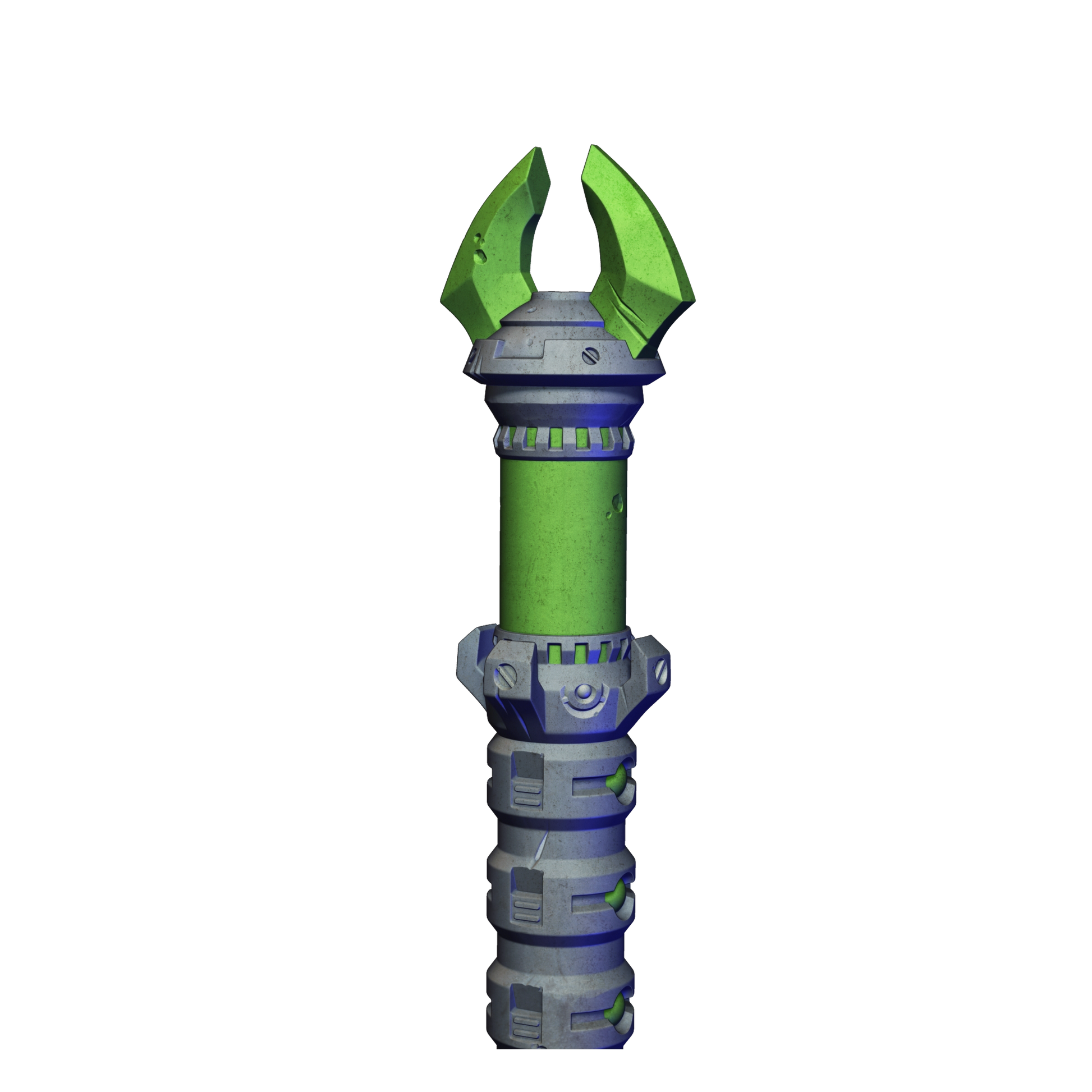 A 3D rendering of a green and gray mechanical device with a pointed top and a cylindrical body.
