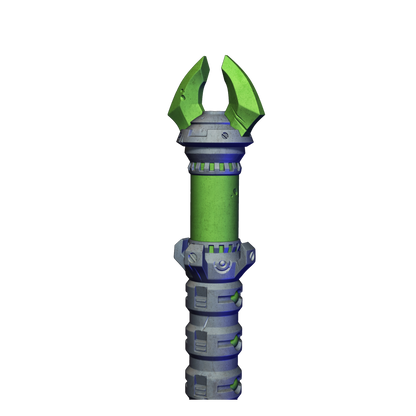 A 3D rendering of a green and gray mechanical device with a pointed top and a cylindrical body.