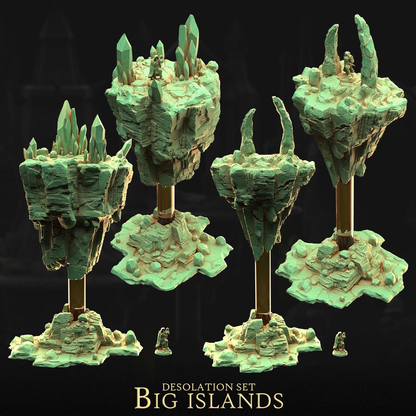 The image is a 3D rendering of a set of fantasy island structures, featuring various shapes and sizes of islands with crystal formations on top.