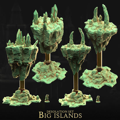 The image is a 3D rendering of a set of fantasy island structures, featuring various shapes and sizes of islands with crystal formations on top.