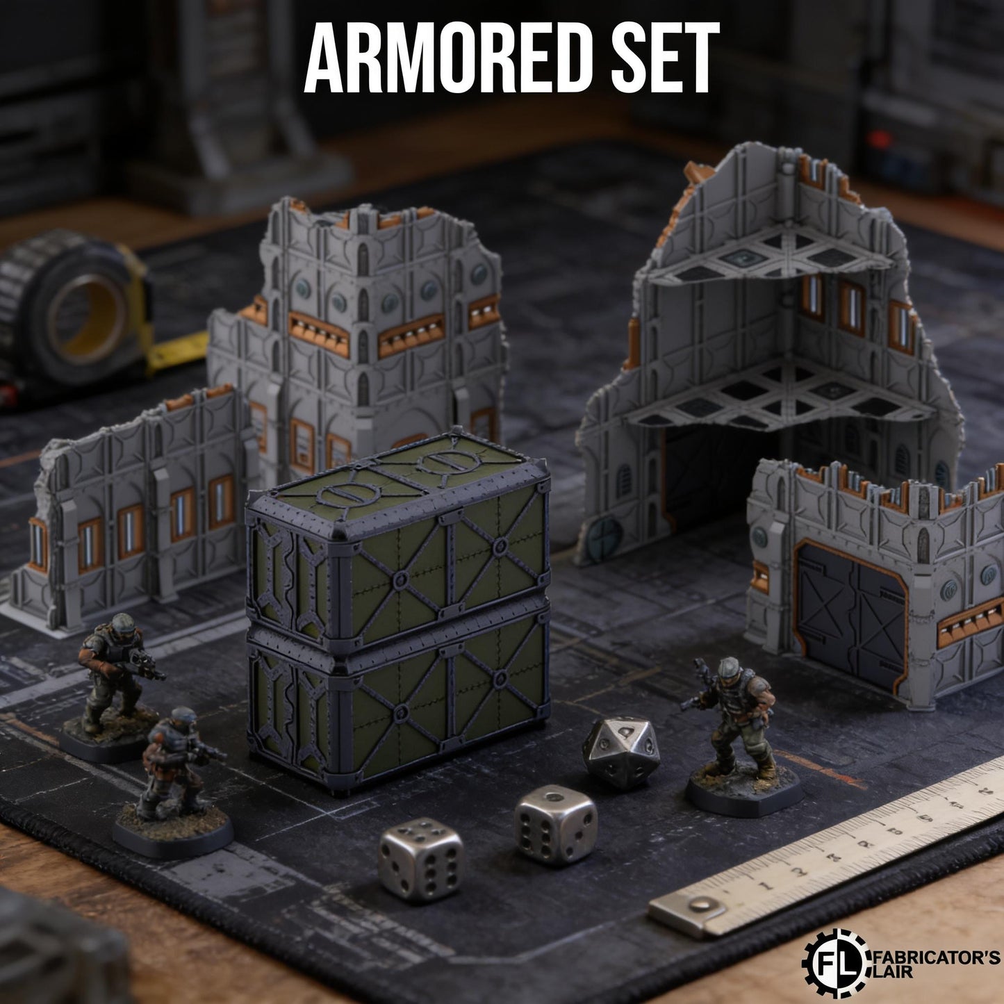 a tabletop armored set, including miniature buildings, soldiers, and various pieces of equipment, such as a large green container and two dice.
