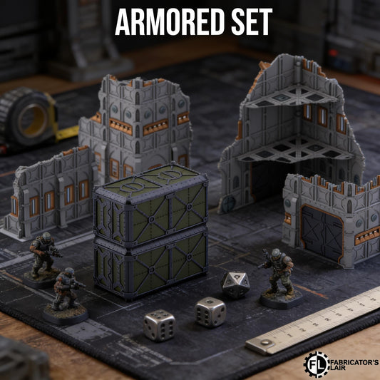 a tabletop armored set, including miniature buildings, soldiers, and various pieces of equipment, such as a large green container and two dice.