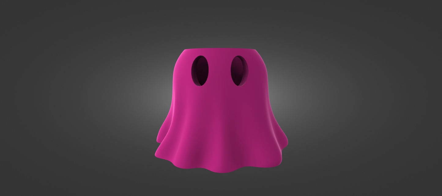 A pink ghost with two holes on its head is standing against a dark background.
