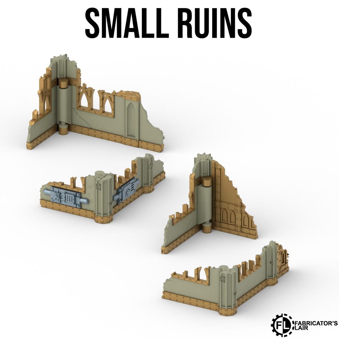 several small ruins, including walls and structures, which appear to be damaged or destroyed. The ruins are in various states of disrepair, with some intact and others in a state of collapse. The image does not contain any text, and the ruins are not described in detail.