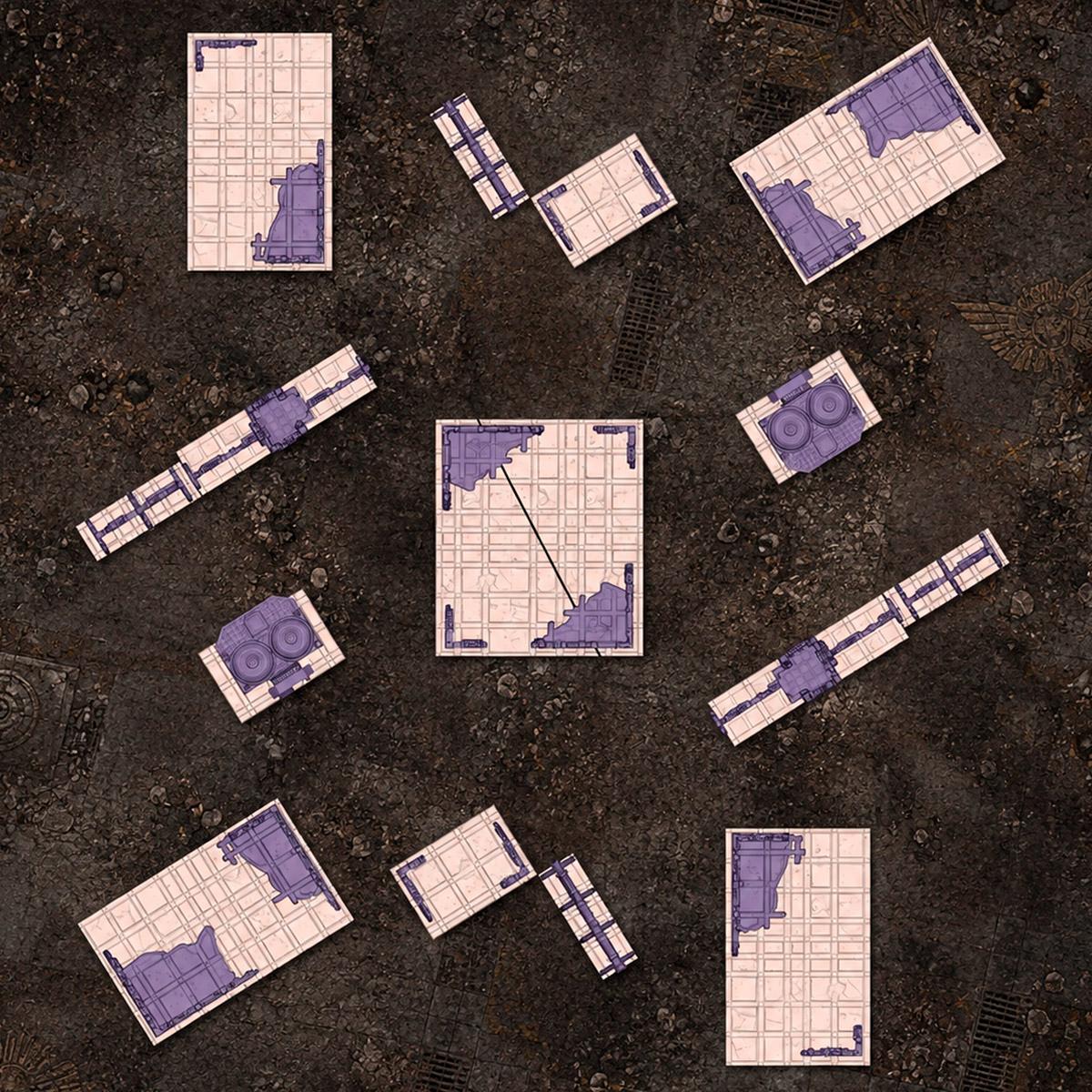 various geometric shapes and patterns, including squares, rectangles, and other abstract forms, arranged in a grid-like pattern on a dark background.