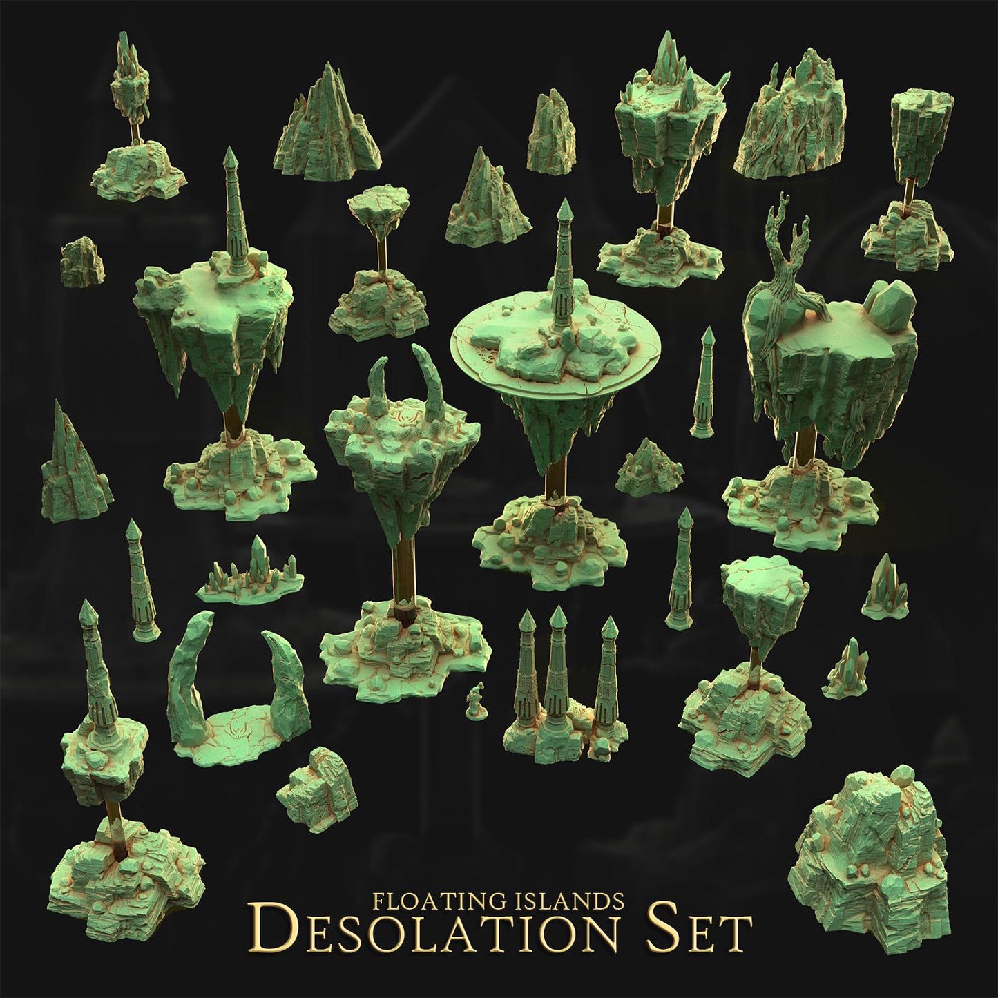 The image is a collection of floating islands, each with unique shapes and sizes, set against a dark background. The islands appear to be made of a greenish-blue material and are floating in the air, creating a visually striking and imaginative scene.
