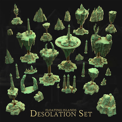 The image is a collection of floating islands, each with unique shapes and sizes, set against a dark background. The islands appear to be made of a greenish-blue material and are floating in the air, creating a visually striking and imaginative scene.