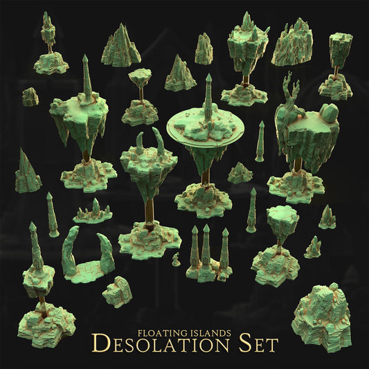 The image is a collection of floating islands, each with unique shapes and sizes, set against a dark background. The islands appear to be made of a greenish-blue material and are floating in the air, creating a visually striking and imaginative scene.