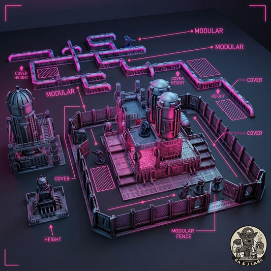 The image is a 3D rendering of a futuristic cityscape, featuring various structures and elements such as buildings, towers, and vehicles. The city is designed with a modular and modular fence system, and the layout is organized with different zones labeled for different purposes, such as cover, height, and modular fence. The image is a detailed and intricate representation of a futuristic urban environment, showcasing the creativity and complexity of the design.