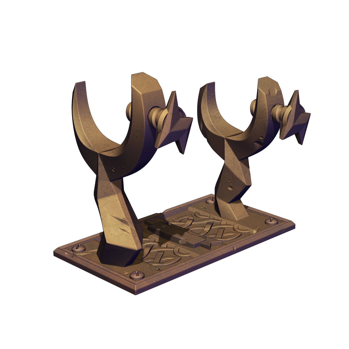 A 3D rendering of a metallic, geometric sculpture with a curved, angular design.