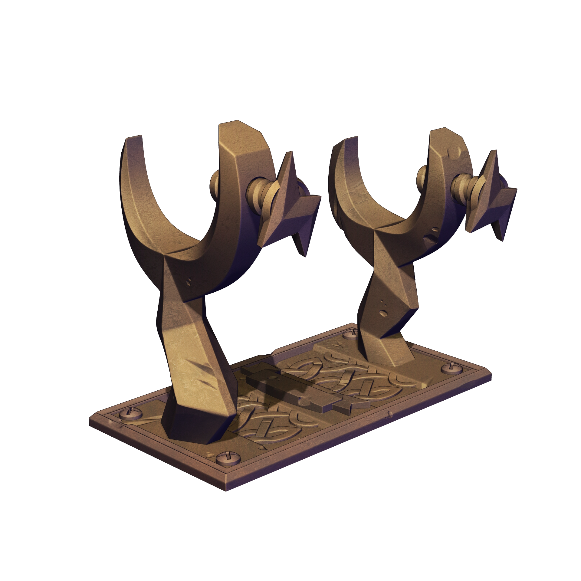 A 3D rendering of a metallic, geometric sculpture with a curved, angular design.