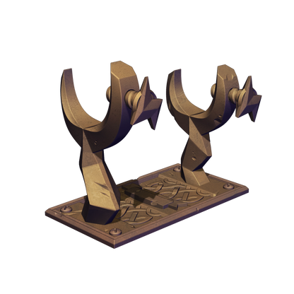 A 3D rendering of a metallic, geometric sculpture with a curved, angular design.