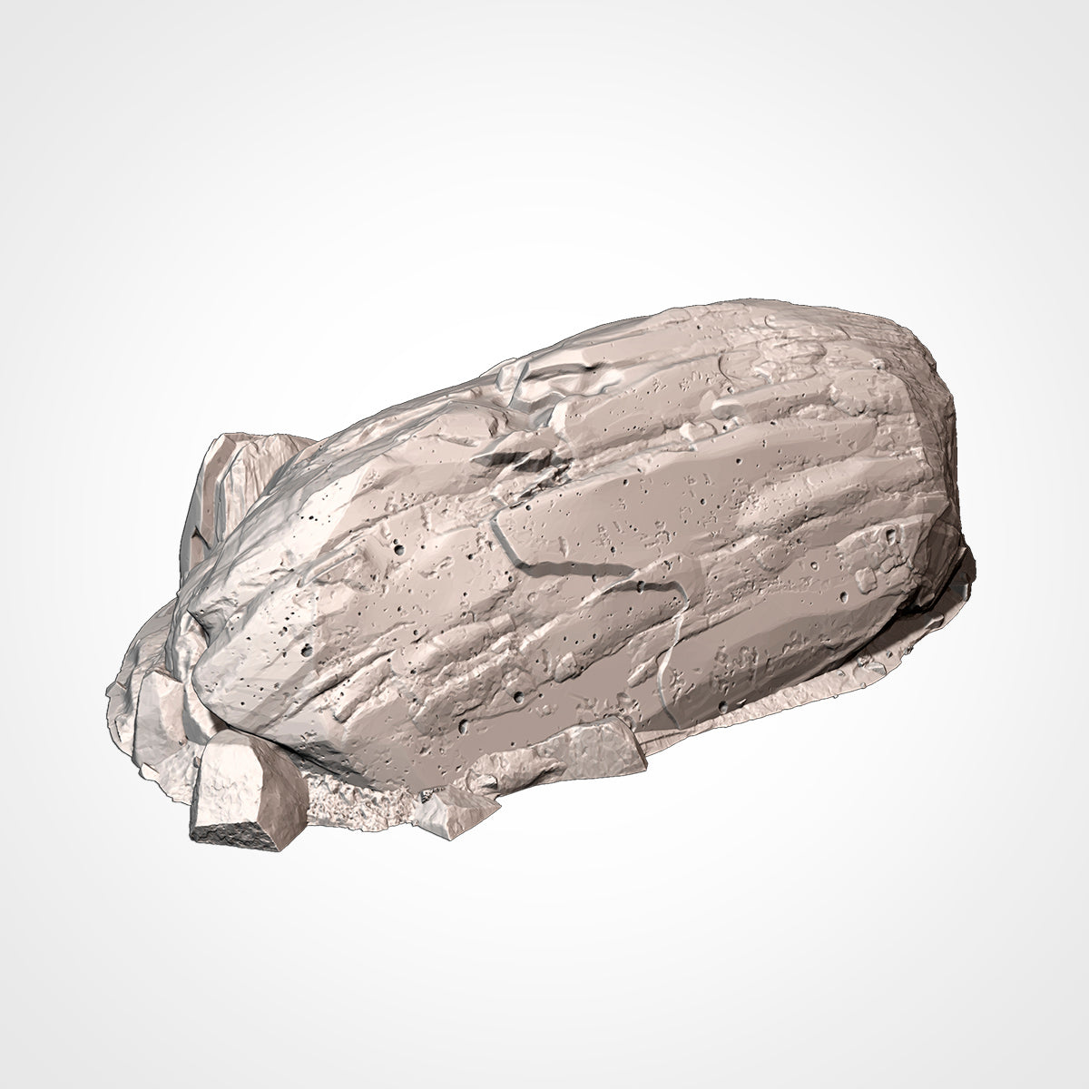 A 3D rendering of a large, irregularly shaped rock or stone with visible cracks and crevices.
