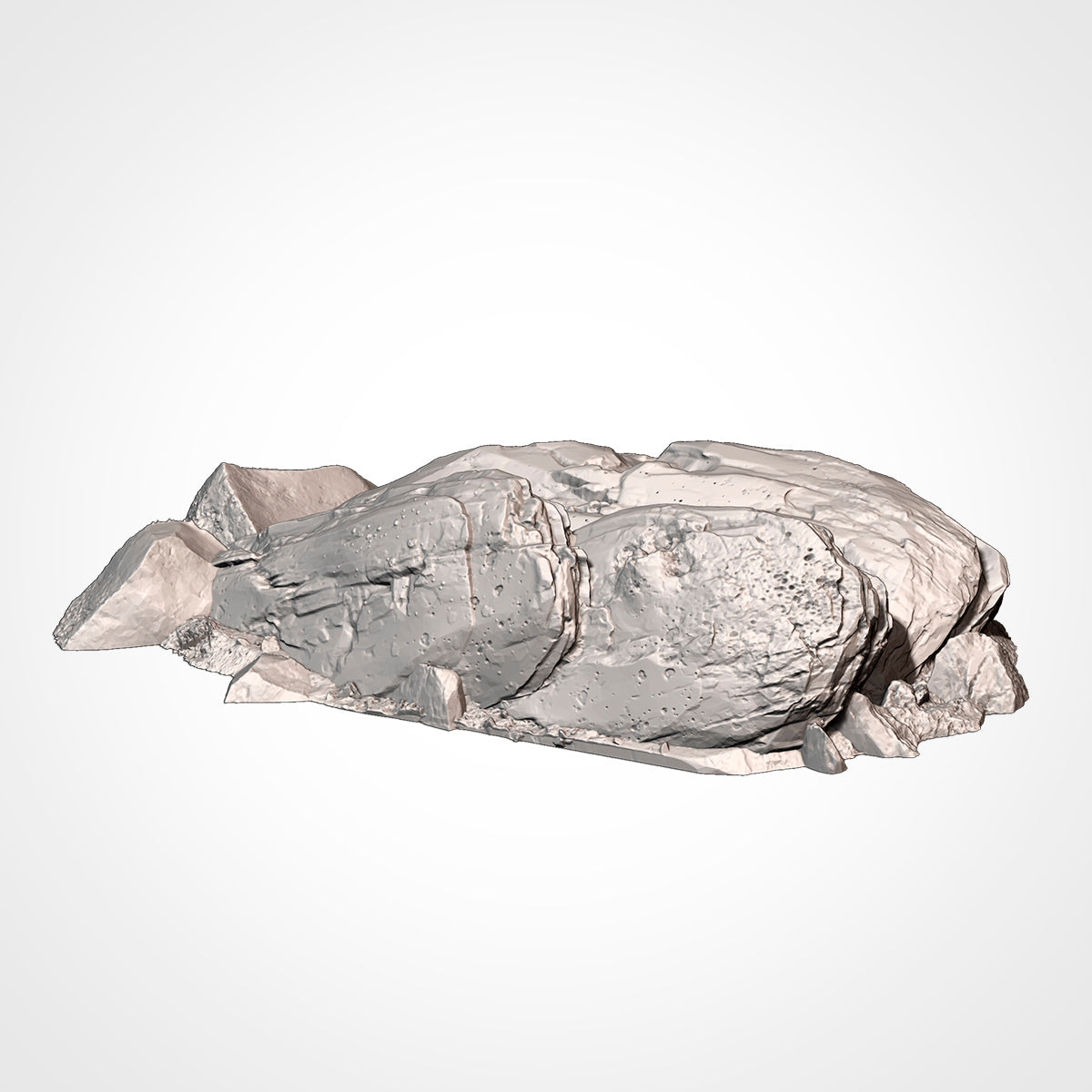 A 3D rendering of a large, jagged rock formation against a plain white background.