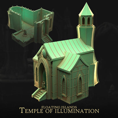 The image is a 3D rendering of a floating island temple of illumination, featuring intricate architectural details and a green color scheme.