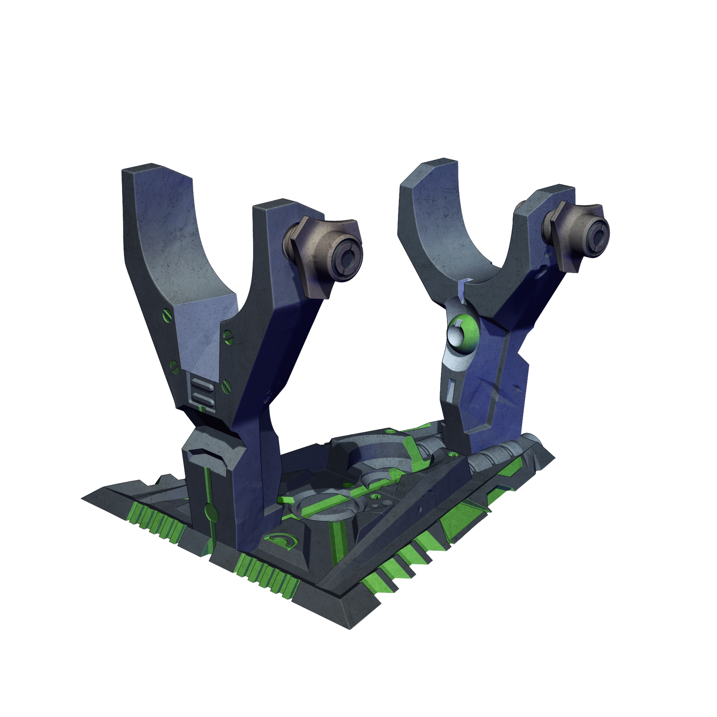 A 3D rendering of a futuristic-looking object with a combination of blue, green, and gray colors. The object appears to be a mechanical or technological device, possibly used for industrial or scientific purposes.