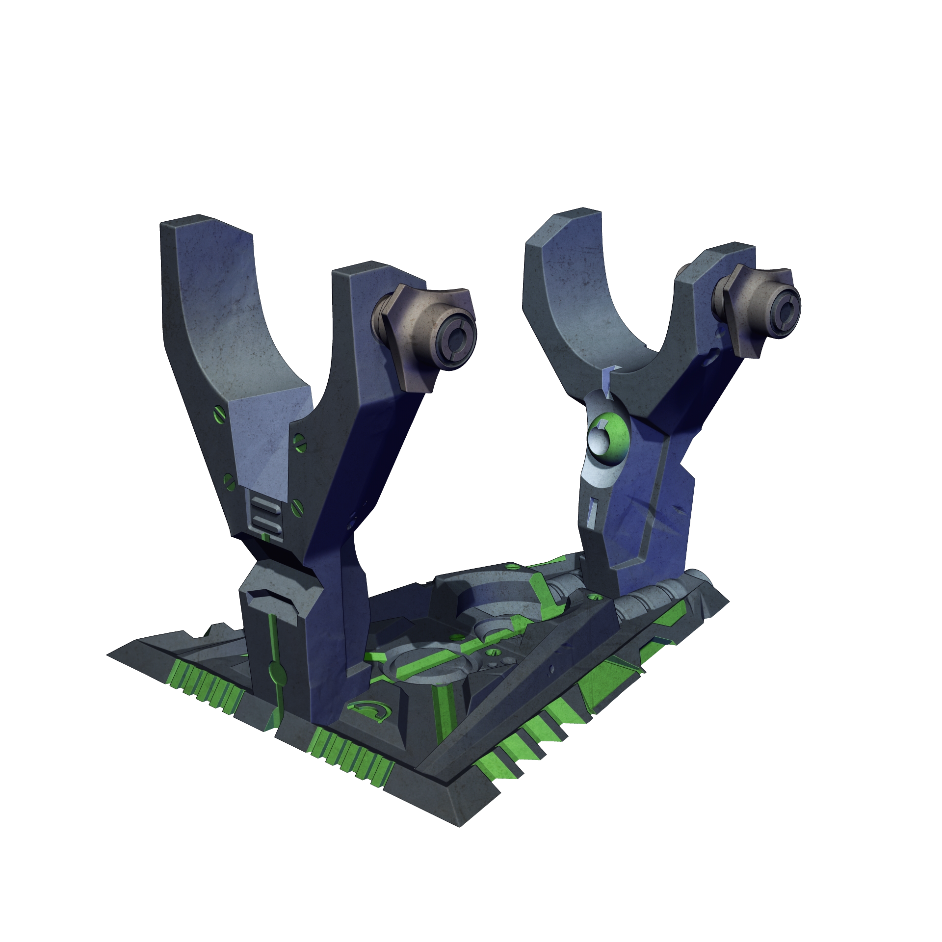 A 3D rendering of a futuristic-looking object with a combination of blue, green, and gray colors. The object appears to be a mechanical or technological device, possibly used for industrial or scientific purposes.