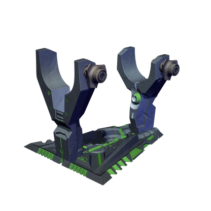 A 3D rendering of a futuristic-looking object with a combination of blue, green, and gray colors. The object appears to be a mechanical or technological device, possibly used for industrial or scientific purposes.