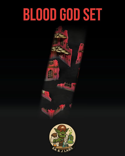The image is a poster for a "Blood God Set" featuring a dark, mysterious scene with a red and black color scheme.